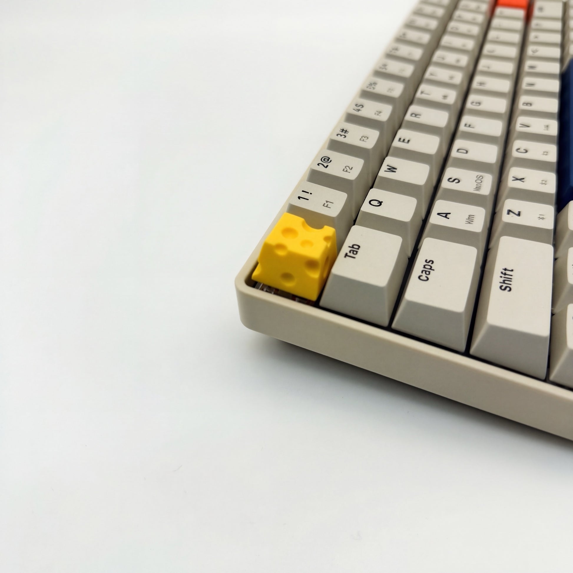 Cute cheese artisan keycap on ESC key mechanical keyboard setup side view