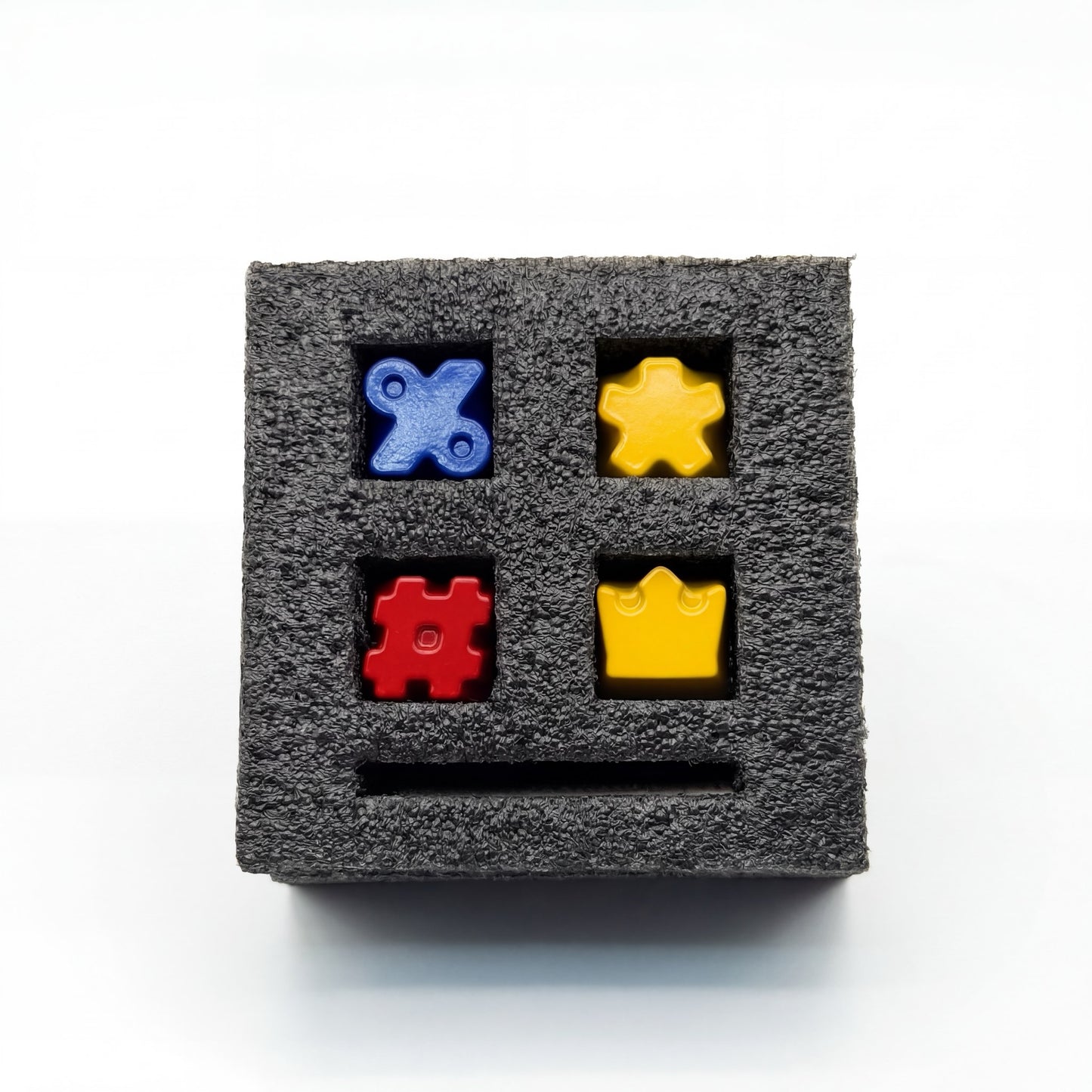 Symbol and crown keycap set 4-pack die-cast zinc alloy blue percent yellow asterisk red hashtag yellow crown in foam case