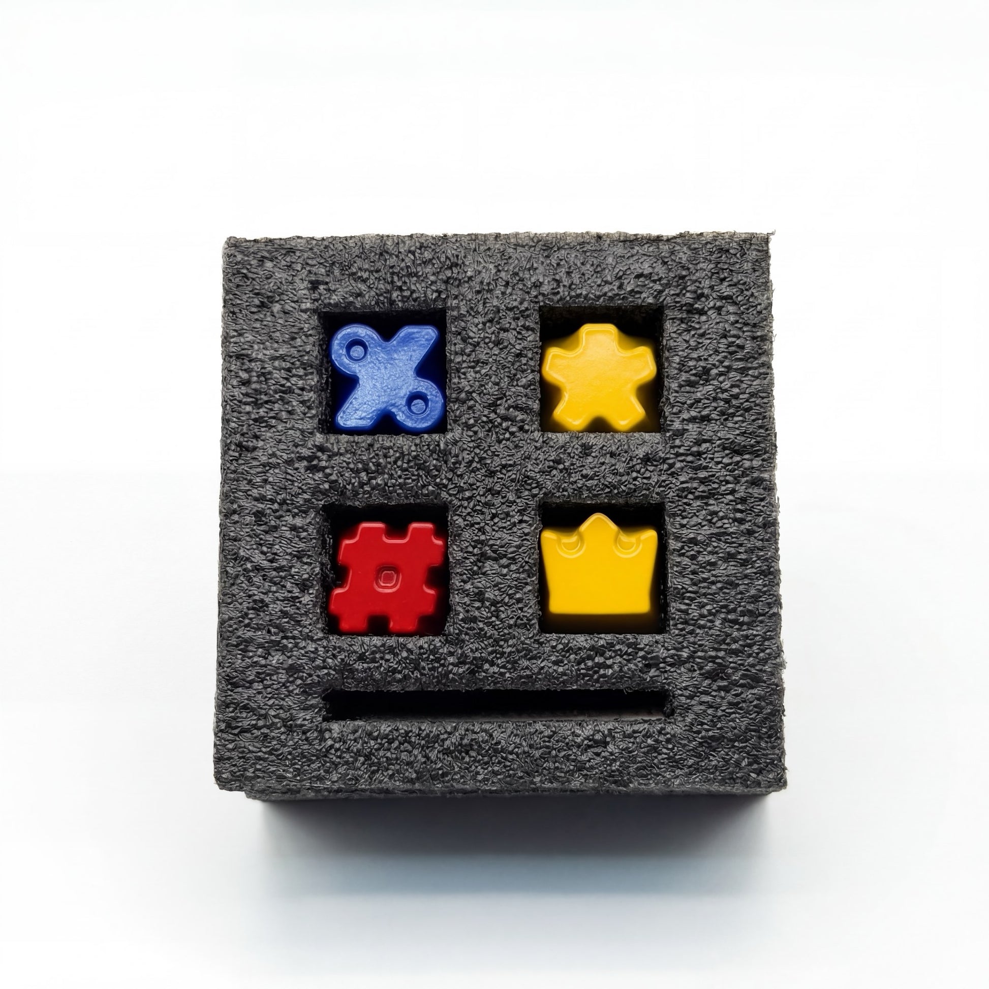 Symbol and crown keycap set 4-pack die-cast zinc alloy blue percent yellow asterisk red hashtag yellow crown in foam case