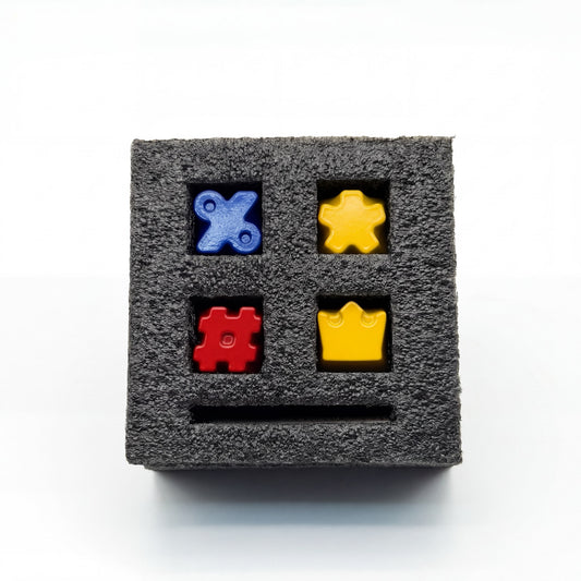 Symbol and crown keycap set 4-pack die-cast zinc alloy blue percent yellow asterisk red hashtag yellow crown in foam case
