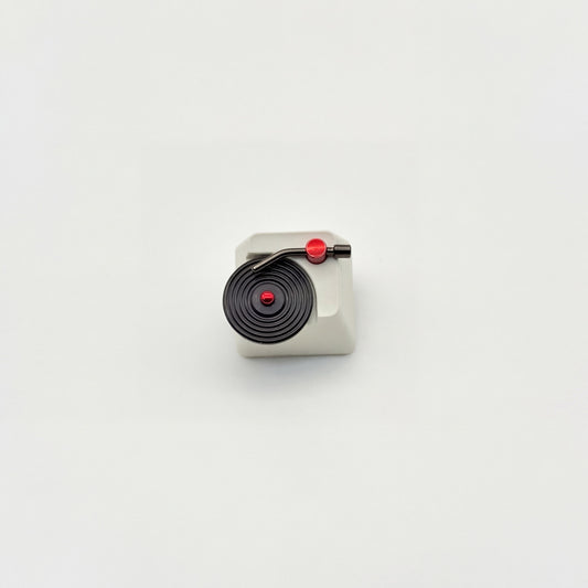 PureKeycap vinyl record player artisan keycap with spinning disc stainless steel tonearm and red accents
