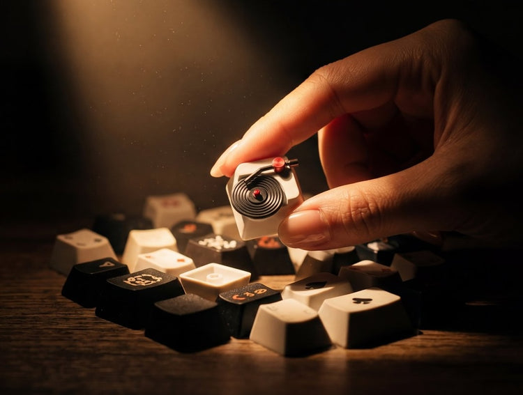 Hand holding a vinyl record artisan keycap above a collection of black and white playing card keycaps on a wooden surface