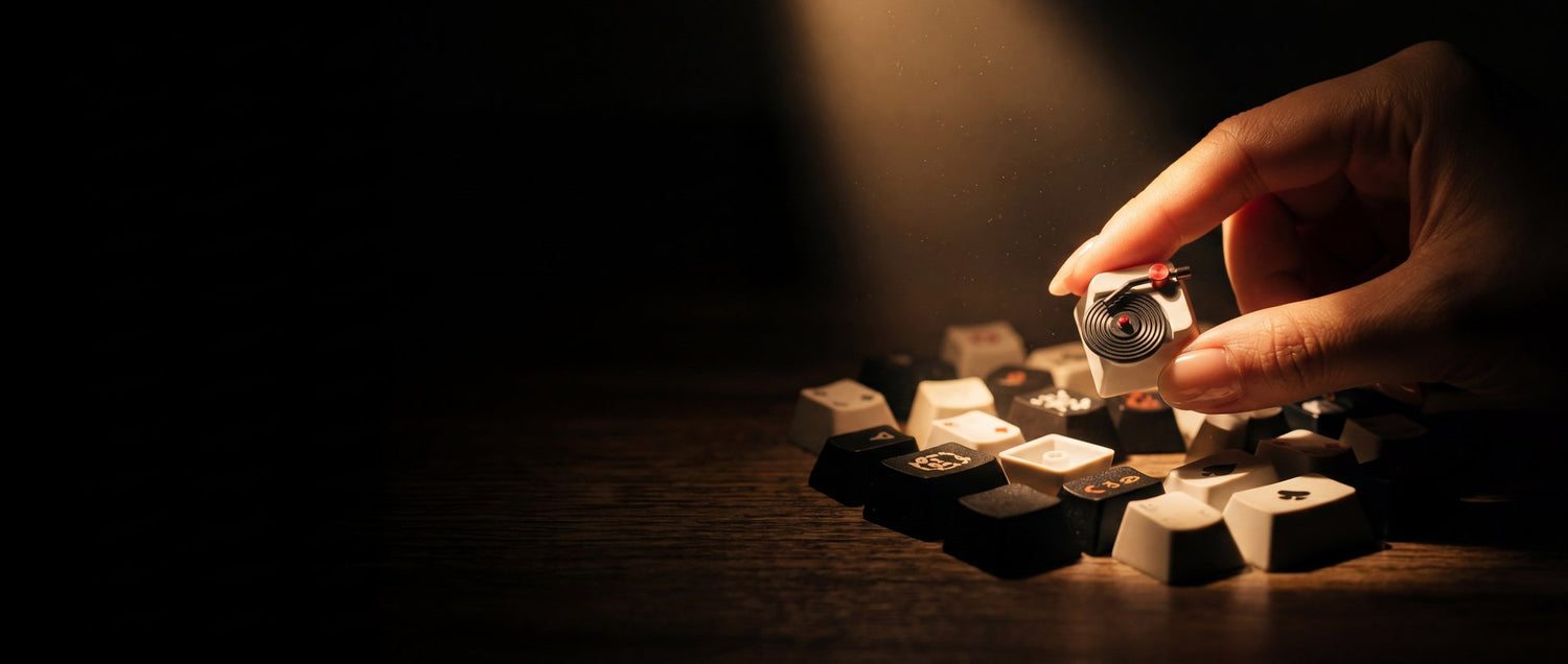 Hand picking up vinyl record artisan keycap from keycap collection under spotlight – PureKeycap